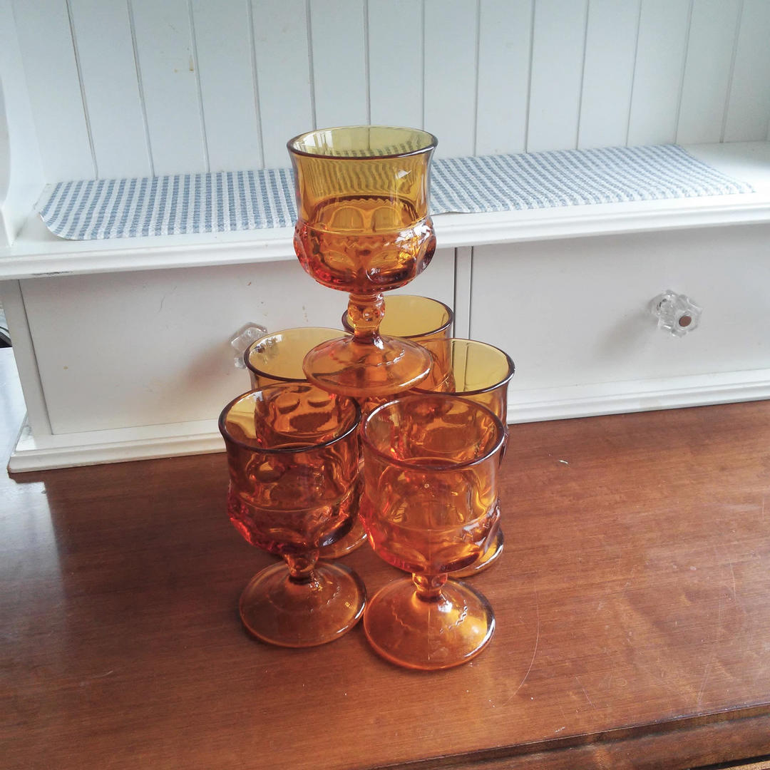 Amber, Colony, Wine Glass, Goblet, Thumb Print, Vintage, Mid-century, Water  Glass, Kings Crown, Pressed Glass 