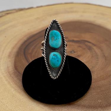 DOUBLE DOSE Vintage 70s Silver & Turquoise Ring | 1970s Large Shallow Shadow Box | Native American Navajo Jewelry | Size 7 