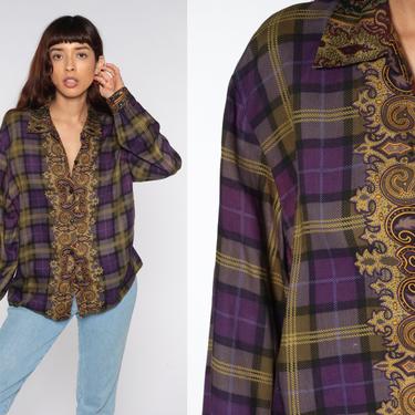 90s Button Up Shirt Abstract Brocade Print Purple Green Plaid Blouse Statement Top Boho 1990s Loud Patterned Blouse Long Sleeve Medium M 