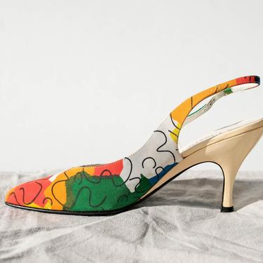 Vintage 80s CASADEI Abstract Graffiti Floral Canvas &amp; Leather Slingback Heels | Made in Italy | Size 7.5 | UNWORN | 1980s Designer Pumps 