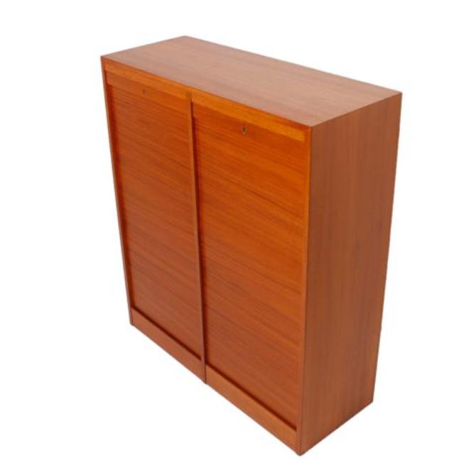 Tall Danish Teak Locking Tambour Door Filing Cabinet For Hanging