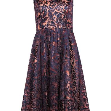 Sara Campbell - Pink &amp; Navy Textured Velvet Paisley Print Sleeveless A-Line Dress Sz 2