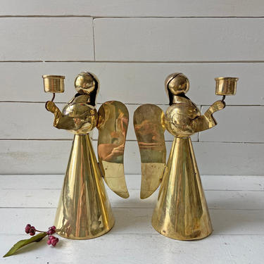 Vintage Brass Angel Candleholders, Set of 2 // Vintage Christmas Angel Candleholders // Farmhouse, Rustic, Brass Candleholders // Gift 