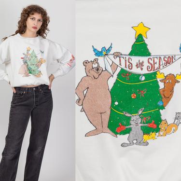 90s 'Tis The Season Snowfall Sweatshirt - Extra Large | Vintage Faded Forest Creature & Christmas Tree Graphic Cropped Pullover 