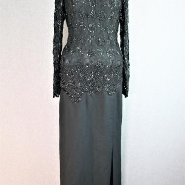 1990s, Demure Black Beaded, Cocktail Gown, by Judith Ann Creations, Marked size L 