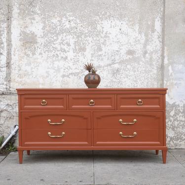 open lace back dress EstablishedLines: Red Orange Lacquer Chinoiserie Hand Painted Three Drawers  Dresser Large Stand main image 0