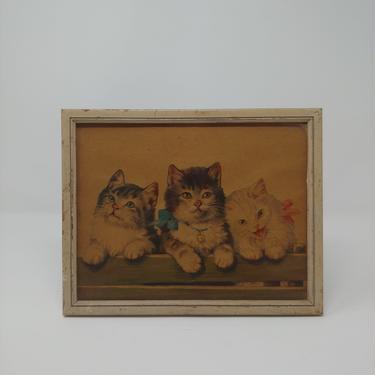 Vintage Fifties Framed Kitten Picture - 50s Frame Cat Print for Children's Bedroom 