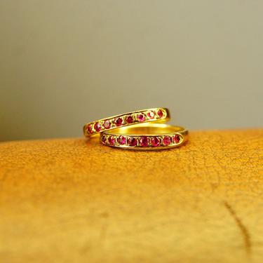 Vintage 14K Gold Half Eternity Pave Ruby Ring, 8 Round Cut Ruby Gemstones, 2mm Yellow Gold Band, Anniversary Ring, Size 6 1/2 US 