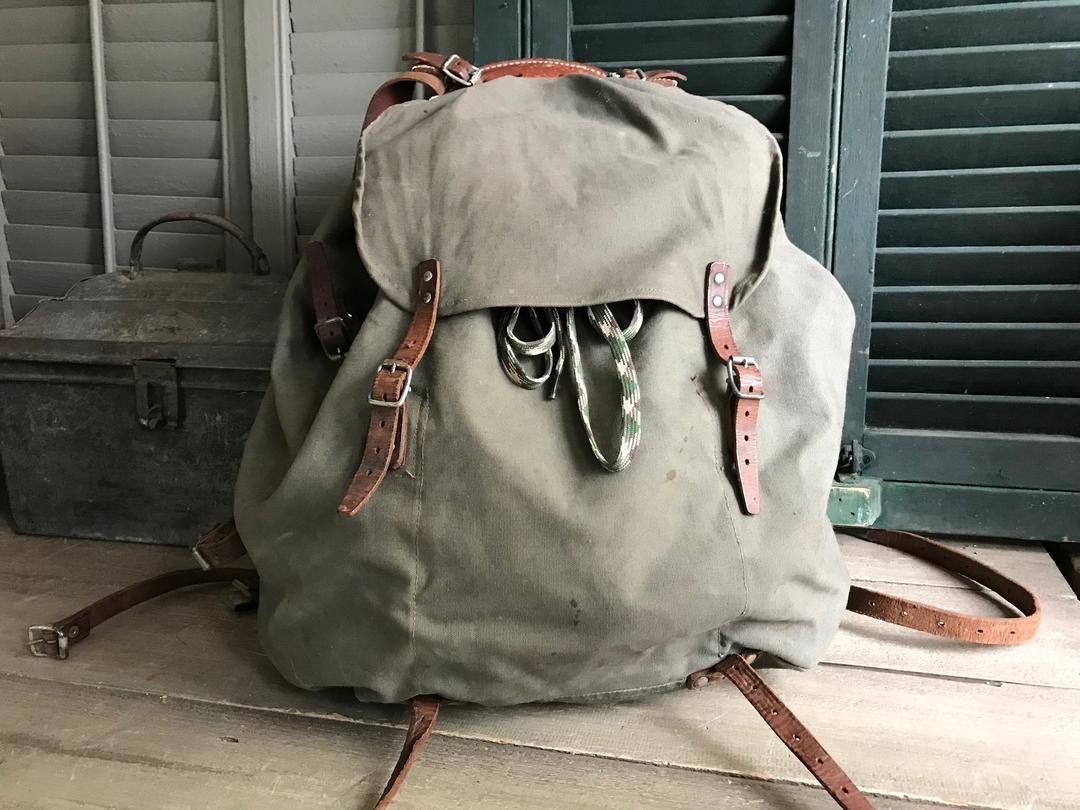 Swiss Army Canvas Backpack, Leather Straps, Dated 1940 Backpack