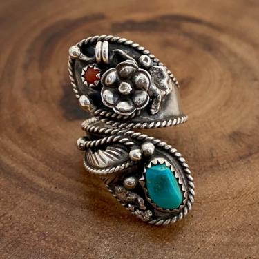 WRAPPED UP Sterling Silver, Coral, & Turquoise Ring | Statement Ring | Native American Navajo Style Jewelry | Size 6 