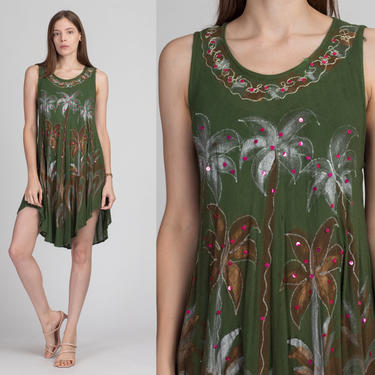 90s Boho Palm Tree High-Low Mini Dress - One Size | Vintage Green Hippie Festival Beach Cover Up Sundress 