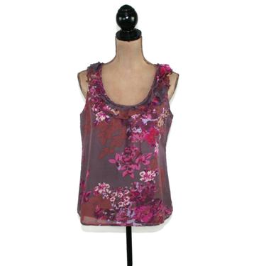 Silk Cotton Floral Sleeveless Blouse Medium, Ruffle Scoop Neck Top, Casual Summer Clothes Women, 2000s Y2K Vintage Clothing, Ann Taylor Loft 