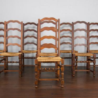Antique Set of 8 Country French Farmhouse Oak Ladder Back Dining Chairs 