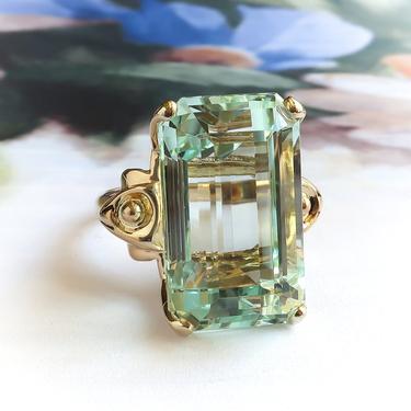 Midcentury Vintage Emerald Cut Aquamarine Solitaire Cocktail Statement Ring 14K 