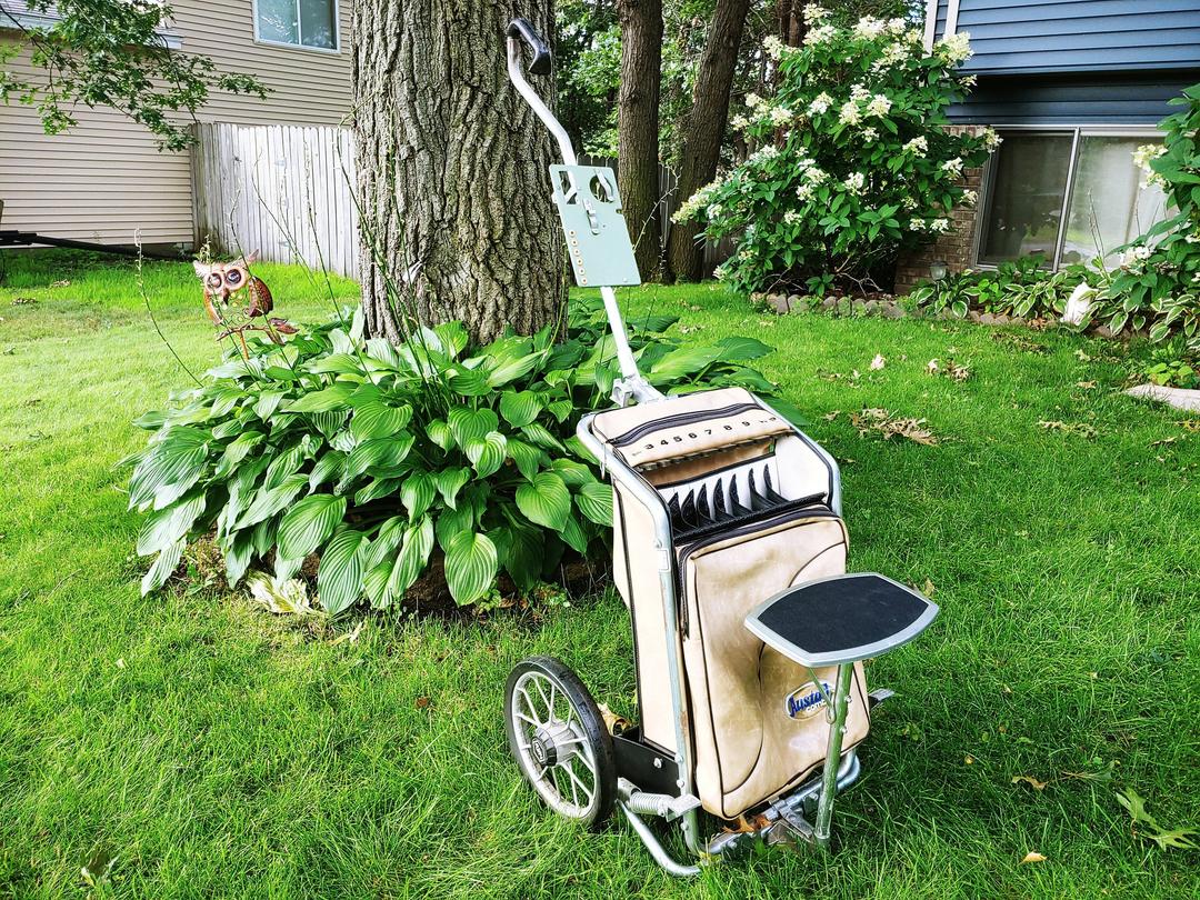 Austad Combo Rolling Golf Bag Pull Cart Cream with Built Reds Rusty