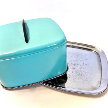 Vintage Retro Turquoise Metal Cake Carrier || Pie Pan || Bread Box || Mid-Century Modern Decorative Kitchen Storage 