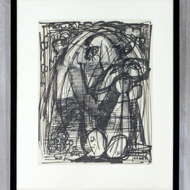 Mid Century Modern Framed Original Abstract Marker Drawing Signed Clark 1960 