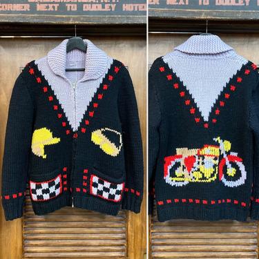 Vintage 1950’s Motorcycle MC Racing Cowichan Wool Rockabilly Sweater, 50’s Zipper Sweater, Vintage Clothing 