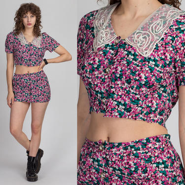 90s Pink Floral Grunge Set - Small | Vintage Lace Collar Crop Top &amp; Micro Mini Skirt 