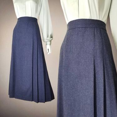 Vintage Box Pleat Skirt, Medium / Cadet Blue Worsted Woolen Day Skirt / Wool A Line 1940s Style Office Skirt / Flared Midi Secretary Skirt 