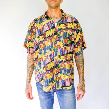 Vintage 80s 90s Thumbs Up Abstract Floral Silk Party Shirt | 100% Silk | Boxy Fit, Aloha, Summer, Grunge | 1980s 1990s Silk Hawaiian Shirt 