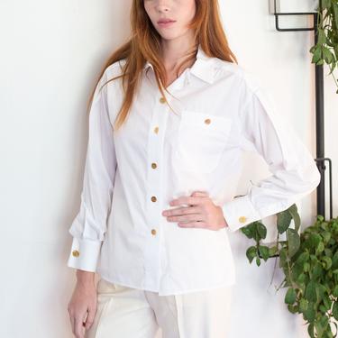 Vintage CHANEL CC White Cotton Collared Button Down with Gold CC Logo Buttons Interlocking Blouse Top 1990s Minimal 
