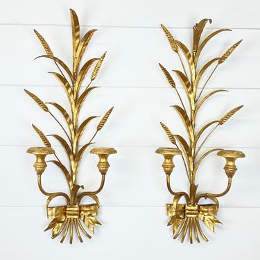 Antique Vintage Pair Italian Tole Metal Candle Wall Sconce Gold Gilt Wheat Italy 24" 