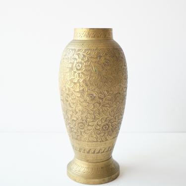 Small Vintage Brass Bud Vase With Etched Floral Design / Made in India 