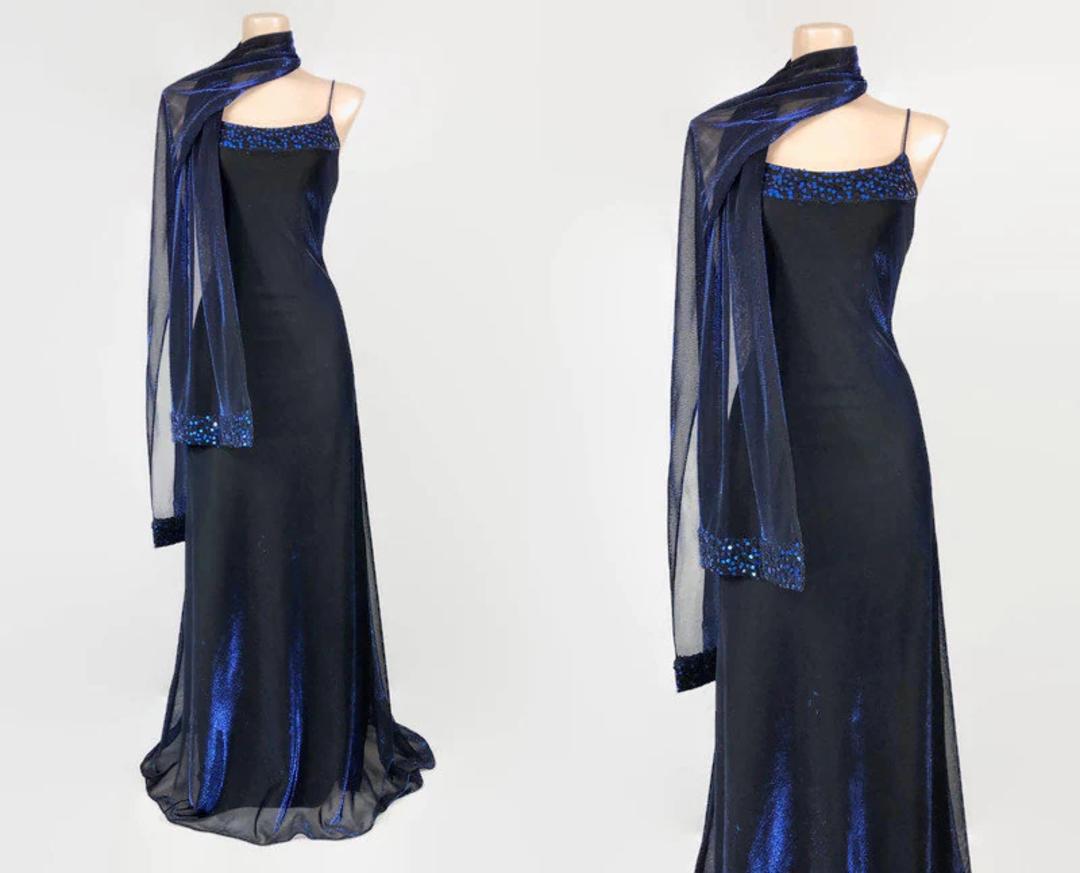 VINTAGE 90s Blue Iridescent Metallic Mesh Cocktail Prom Dress Scarf 1990 Black Lotus Vintage Lake Geneva WI