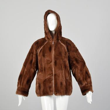 Small Brown Coat Nina Ricci Sheared Fur 1990s Hooded Bomber Zipper Detail 