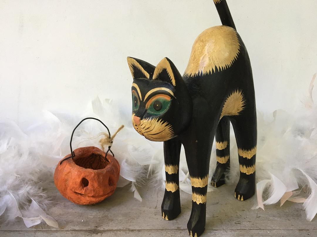 Vintage Wooden Cat Sculpture From Indonesia, Black Cat With Arched