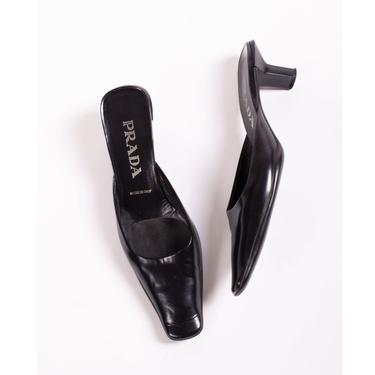 Vintage PRADA Black Leather Square Toe Mules with Block Heel sz 37.5 Minimal Y2K Pump Slingback Technical 