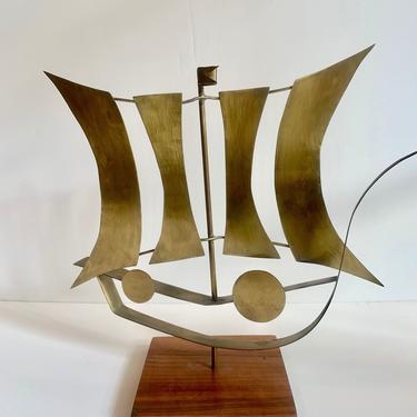 Mid Centry Modern Brass and Wood Viking Boat Sculpture Scandanavian Danish Art Danish Modern Design 