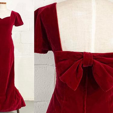 Vintage Red Velvet Dress Short Sleeves Party Cocktail Sweetheart Neckline Evening Prom Wedding New Year's Bow Scoop House Bianchi Small XS 