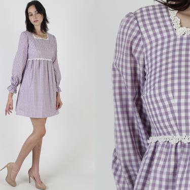 Vintage 70s Purple Gingham Dress / Americana Picnic High Waisted Dress / Country Waitress Square Dance Outdoors Checkered Mini Dress 