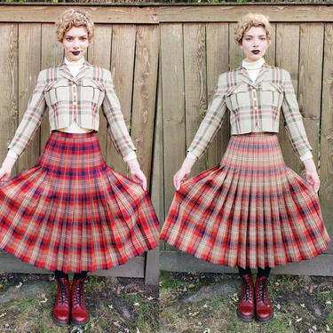 1950s Plaid Pleated Reversible Skirt Red Wool Tartan 50s Long RareJule Vintage Chicago IL