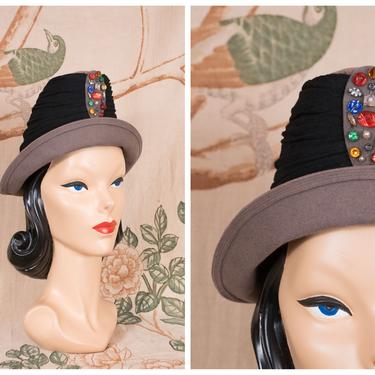 1940s Hat - The Malva Hat - Rare 40s Peaked Hat in Steel Grey with Wrapped with Jersey and Studded with Multicolor Beads 