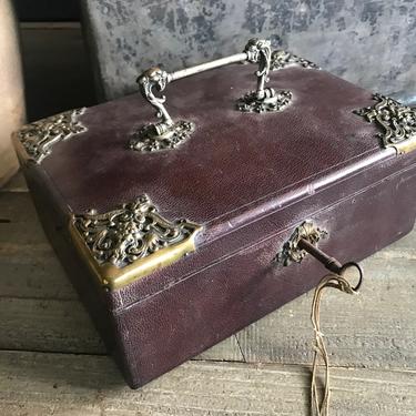 French Leather Jewelry Case, Bronze Mounts, Griffon Handle, Casket, Boudoir Box, Travel Case, Chateau Decor 