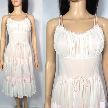 Vintage 50s Full Circle Romantic Bombshell Embroidered Flowers Frilly Slip Dress Size S/M 