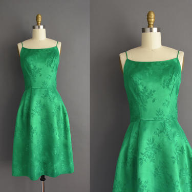 vintage 1950s | Mardi Gras Kelly Green Silk Satin Cocktail Party Dress | XS Small | 50s dress 