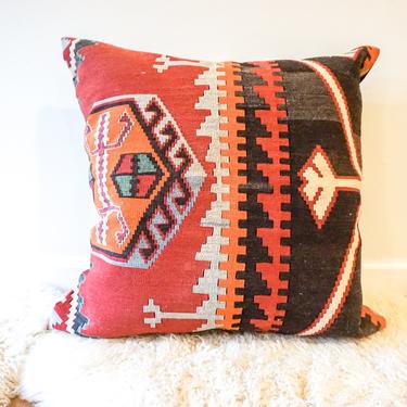 Extra Large Vintage Tribal Red and Faded Black Kilim Pillow 