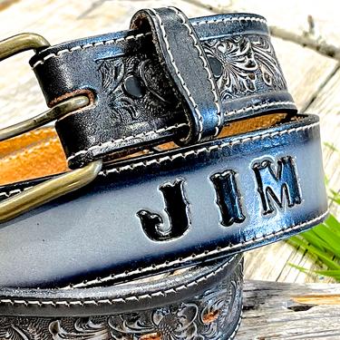 VINTAGE: Nocona Personalized "JIM" Belt - Tooled Black Leather Western Belt - Leather Belt - Size Small 42 - SKU 00011628 