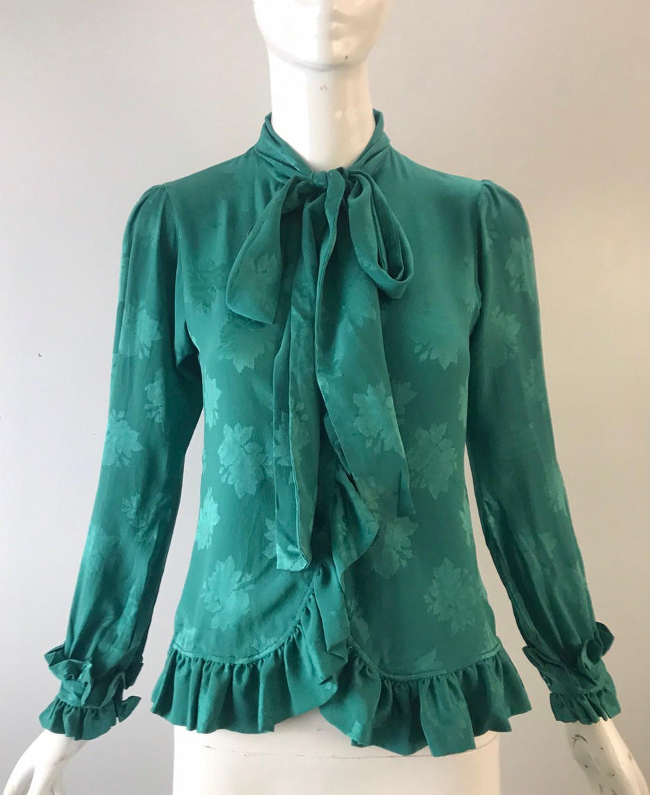 70s YSL Yves Saint Laurent teal silk floral print Ritual Vintage