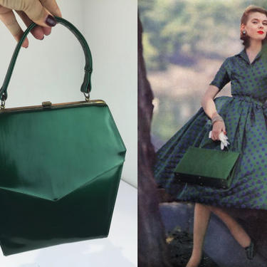 Monument Posing - Vintage 1950s 1960s Dark Green Faux Patent Leather Hexagon Handbag Purse 