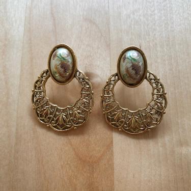 Vintage Gold-Toned, Filigree Floral Hoop Post Earrings - 1980s 