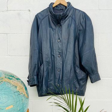 Navy Leather Bomber Jacket