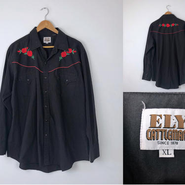 1970s Vintage Black Western Pearl Snap Shirt With Red Rose Embroidery by Ely Cattleman - Size XL by HighEnergyVintage