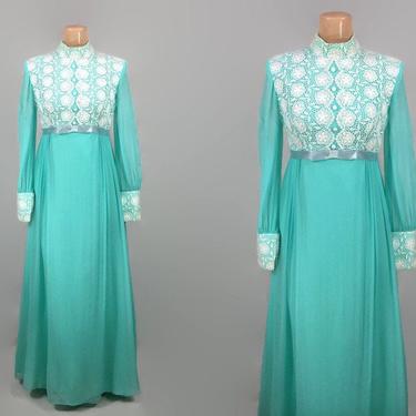 VINTAGE 60s 70s Sheer Sleeve Aqua and White Crochet Lace Maxi Dress | 1970s Cottagecore Festival Dress | 1960 Long Sleeve BOHO Prairie Dress 