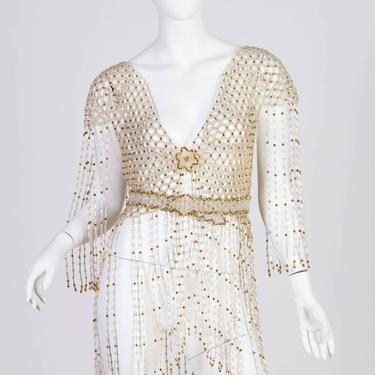 1960S Gold  Clear Beaded Net JacketTop With Long Fringe Sleeves Hem 