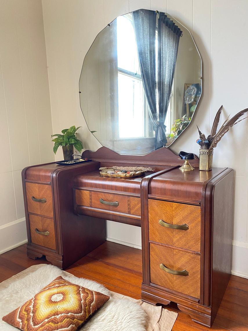 Art Deco Waterfall Vanity Makeup Table With Mirror Shell Bakelite Handles